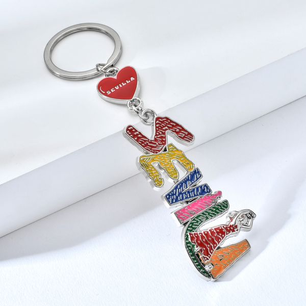 

vicney colorful seville letter keychain heart shape spain key chain love sevilla trendy keyring souvenir for women, Silver