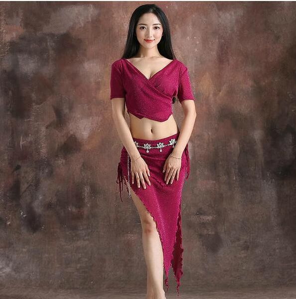 

wholesale dancer costume women shine bellydance clothes summer short sleeve v neck skirt coffee black purple, Black;red