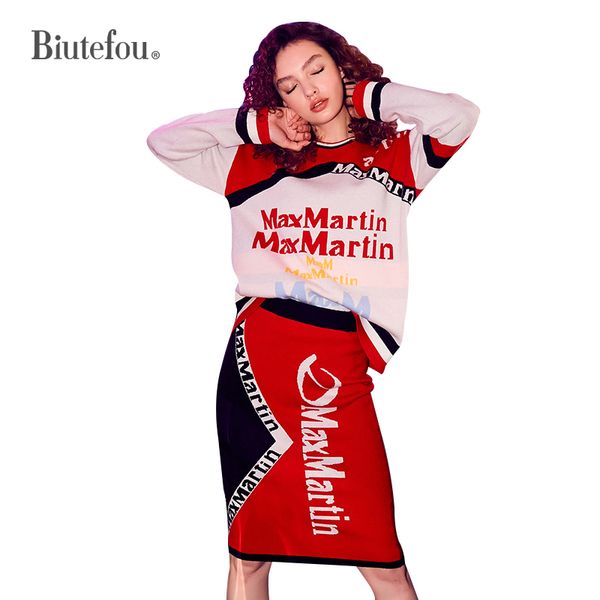 

2018 autumn knitted women's sets letter print long sleeve sweaters+fashion elastic waist slim skirts two pieces, Gray