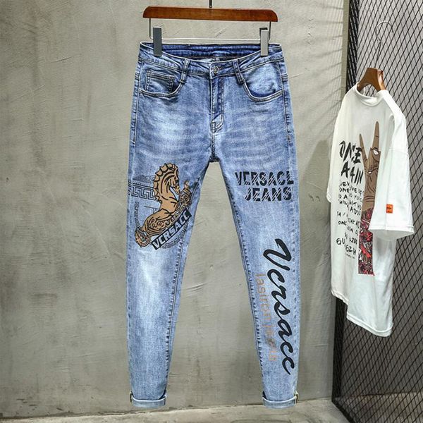 

new fashion men skinny jeans floral pant slim fit pant blue jeans casual men long