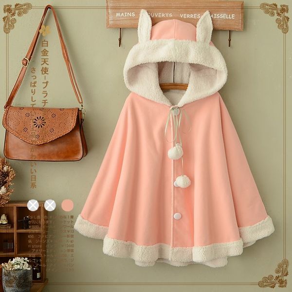 

adomoe winter women pink solid color cape hood with ears navy blue hoodies mori girls autumn cute harajuku fleece cloak, Black