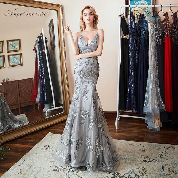 

angel married mermaid silver evening dress backless prom gowns appliques lace women formal party dress vestido de festa 2019, White;black