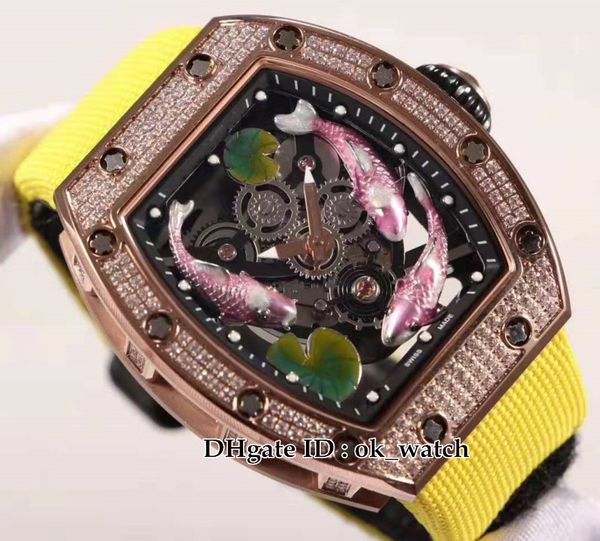 

57-01 3d brocade carp totem dial miyota automatic mens watch rose gold case diamond bezel yellow nylon strap gents new watches, Slivery;brown