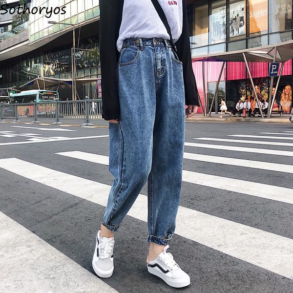 

jeans women large size loose harem trousers trendy solid pockets high waist womens leisure female harajuku students simple 2019, Blue