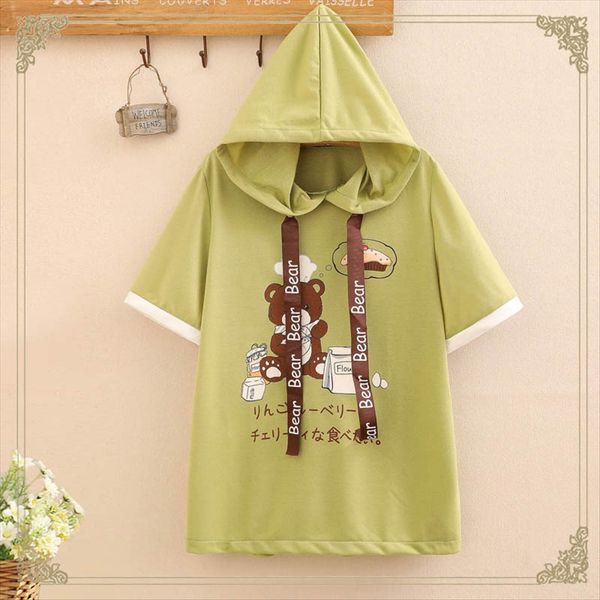 

summer girl style cartoon greedy bear print ribbon drawstring hooded t-shirt women's short-sleeved hoodie summer girl style cartoon gre, White