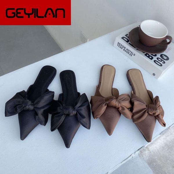 

south korea 2020 spring mules shoes pointed shallow mouth flat slip-on bow elegant slipper women's shoes, Black