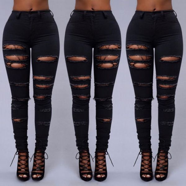 

2018 slim jeans for women new fashion summer ripped skinny denim jeans hole white black high waist pencil, Blue