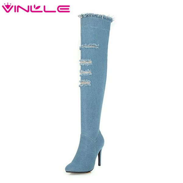 

vinlle 2019 women shoes over the knee boots thin high heel denim zipper leisure ladies motorcycle shoes size 34-43, Black