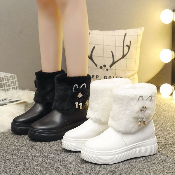 

2019 winter new snow boots women's fashion simple solid color rhinestone decoration plush comfortable warm casual boots, Black