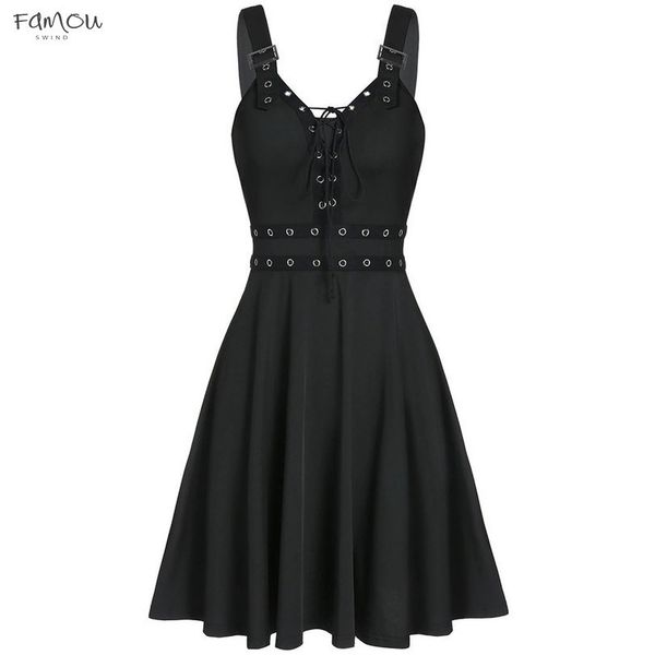 

women mini dresses gothic black deep v neck 2020 fall punk sleeveless rivet fashion tunic shirt dresses hip hop bandage female, Black;gray