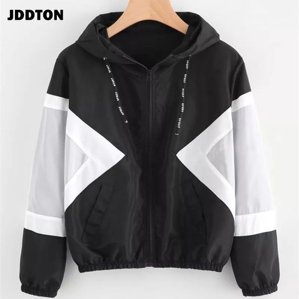 

jddton women's hooded jackets patchwork windbreaker color block multicolor beam waist coats casual female outwear eu size je289, Black;brown