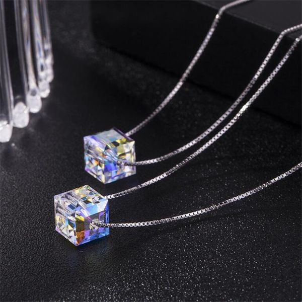Glänzende Kristall-Halskette mit Zuckerwürfel-Anhänger, Halskette aus 925er Sterlingsilber, Modeschmuck-Accessoires HG12