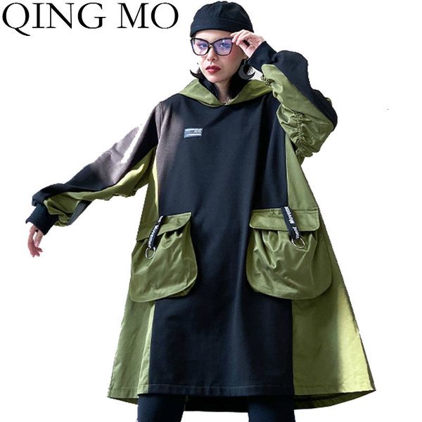 

qing mo плюс размер женщин с капюшоном 2019 женщины заплатки цвет толстовка женские повседневные карманы zqy2520, Black