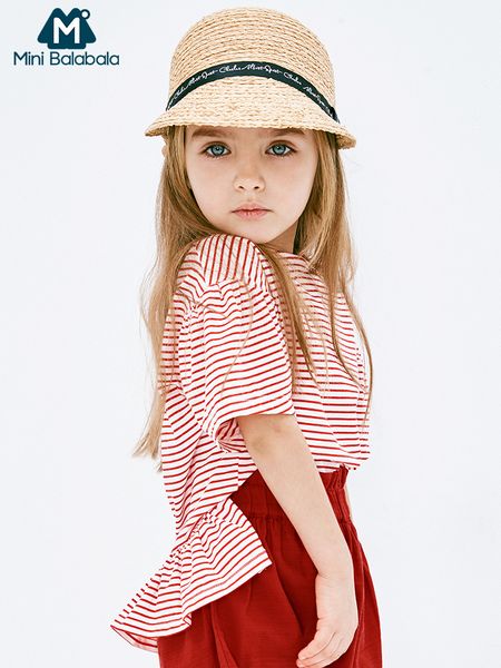 

mini balabalababy girls short sleeve t-shirt 2019 summer new floral sleeves striped navy wind children tshirt t200228, White;black