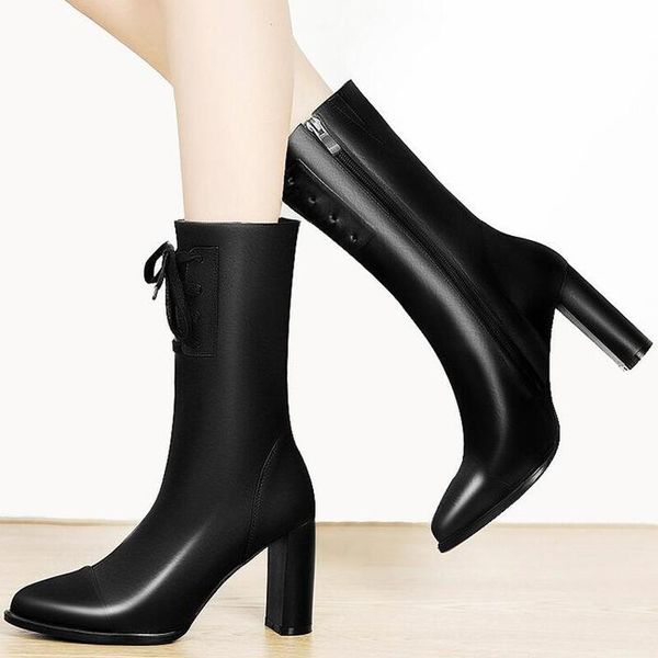 

women pu leather high heels mid-calf leather boots women autumn winter lace-up shoes pointed toe square heel knight boots, Black