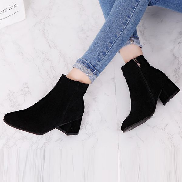 

women ankle boots boots women winter fashion pure color square toe zipper square heels casual boots#g3, Black