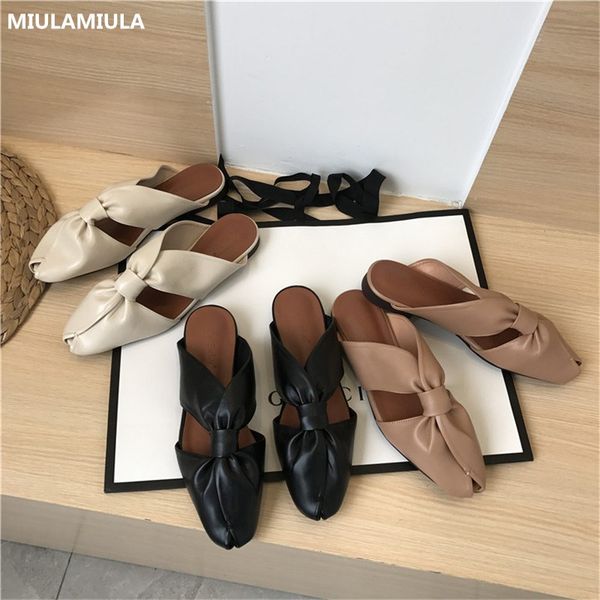 

miulamiula brand designers 2020 new hallow butterfly-knot soft bottom flat leather slippers slip on loafers mules flip flops, Black