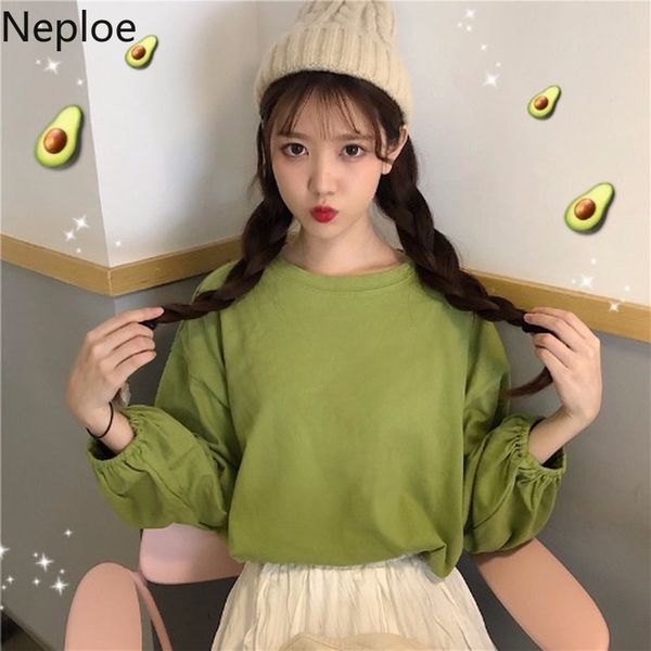 

women's t-shirt neploe t shirts women spring 2021 korean o neck long lantern sleeve ladies tees loose casual solid cotton female 1a252, White