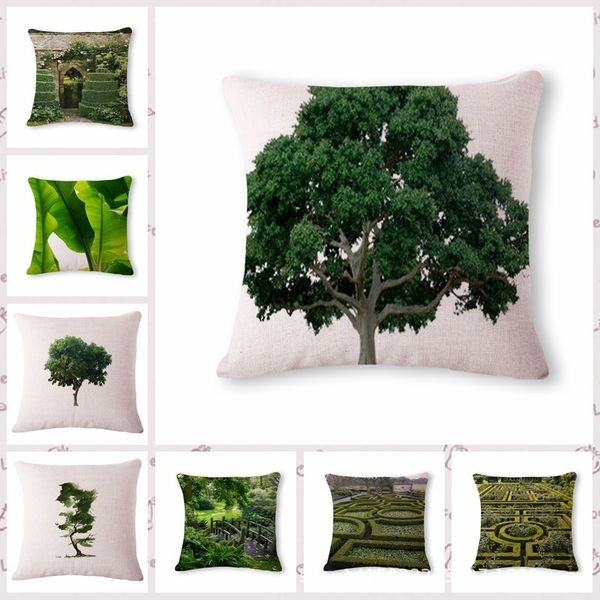 

green watercolor tree pattern cotton flax pillow back cushion