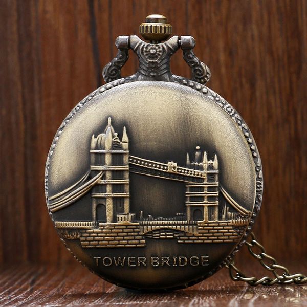 Vintage Bronze Moda Relógios 3D Londres Memento Tower Bridge Padrão Quartzo Relógio de Bolso Feminino Masculino Colar Corrente Presente reloj de bolsillo