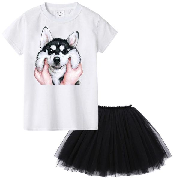 

summer funny husky pattern print 2pcs girls t-shirt black net skirt set casual kids girl fashion short sleeve clothing sets, White