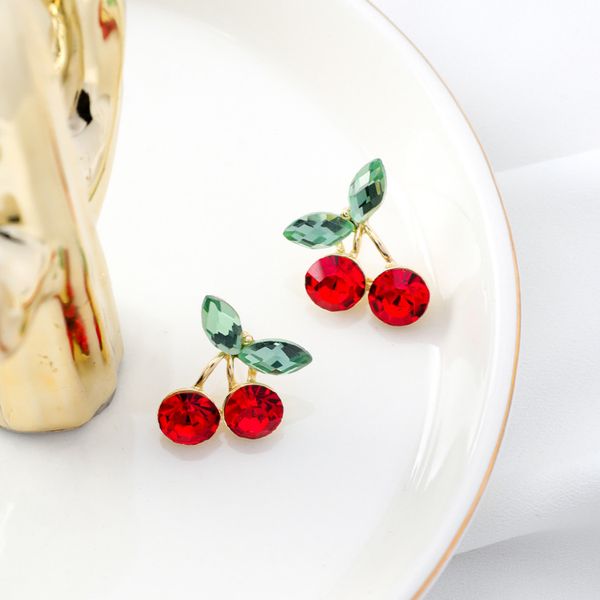 

korean small sweety cute red crystal cherry leaf stud earrings for women girls fashion korean jewelry boucle d'oreille femme, Golden;silver