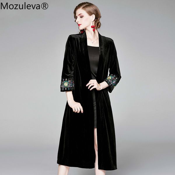 

women's trench coats mozuleva 2021 autumn winter women fashion open front embroidery pocket velvet coat business shawl cape long cardig, Tan;black