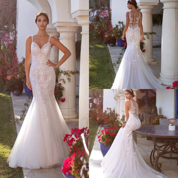 

elegant mermaid wedding dresses 2019 v neck lace appliqued illusion back custom made vestidos de novia sweep train country bridal gowns, White