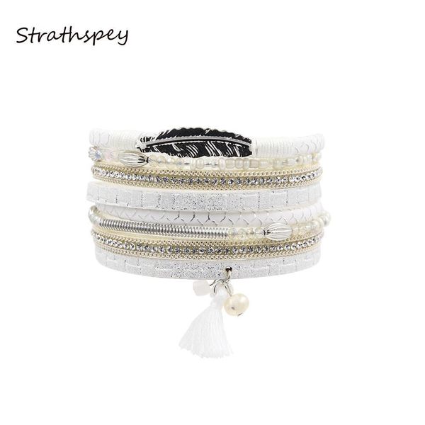 

strathspey multilayer rhinestone leather crystal stone long bracelet beads leaf bracelets tassels for women jewelry female gift, Golden;silver