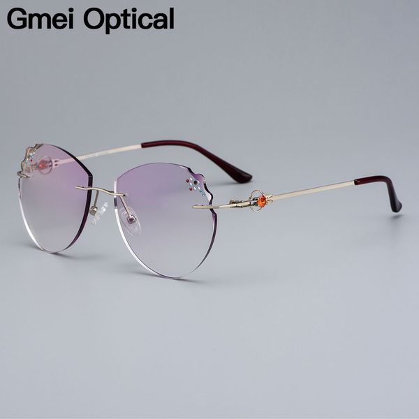

gmei optical super light alloy women silver rimless glasses frame z2879 with diamond trimming cut gradient tinted plano lenses, Black