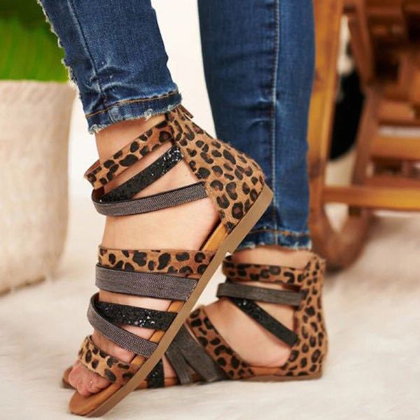 

leopard women sandals ladies zip shoes woman summer comfortbale flats female casual fashion open toe beach shoes plus size, Black