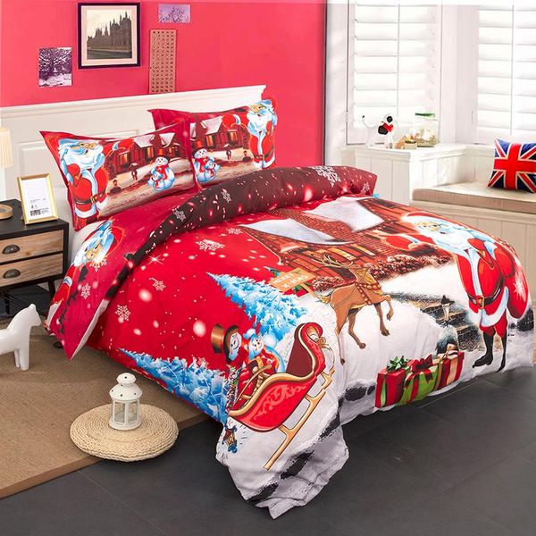 

festival red santa cluse cartoon printed christmas noel three-piece suit holiday theme bedroom duvet cover 2xpillow case