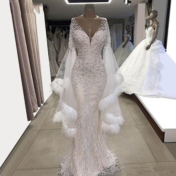 

vintage feathers mermaid wedding dresses with appliques lace beads sequins vestidos de noiva illusion full sleeves bridal dress dubai, White