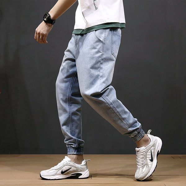

japanese style fashion men jeans loose fit light blue harem pants spliced designer cargo pants hip hop slack bottom jogger jeans