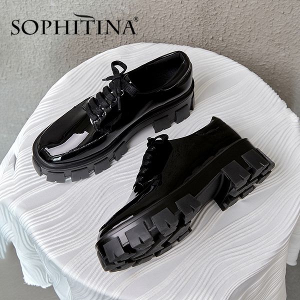 

sophitina thick bottom flats women's patent leather lace-up round toe leisure shoes handmade fashion flats po365, Black