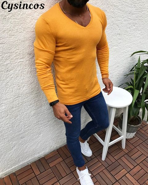 

cysincos 2019 new acrylic sweater men long sleeve pullovers outwear man v-neck sweaters slim fit solid knitting clothing, White;black