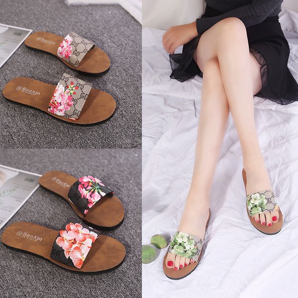 

casual home shoes women summer slippers indoor flat beach scandals non-slip pu bottom slides floral print, Blue;gray