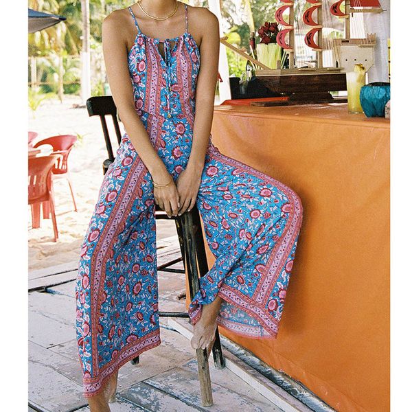 

women plus size print bohemia long loose jumpsuit women sleeveless up wide leg long jumpsuit causal rompers #420, Black;white