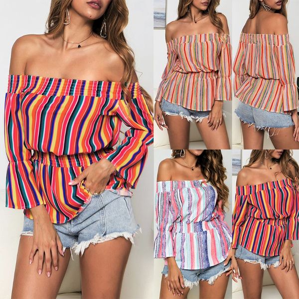 

2019 women summer off shoulder striped flared sleeve tunic shirt blouse, White