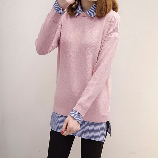 

2019 autumn winter sweater women fake two piece turn down collar patchwork pullovers fashion knitted sweaters lady jumpers xh019, White;black