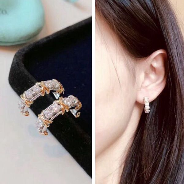 

gold silver tone color hoop stud earring 925 sterling silver micro zircon cross earring women wedding party jewelry, Golden;silver
