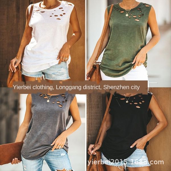 

2019 women's wear of sleeveless round collar t-shirt with holes 2019 women's wear of sleeveless round collar t-shirt with holes, White