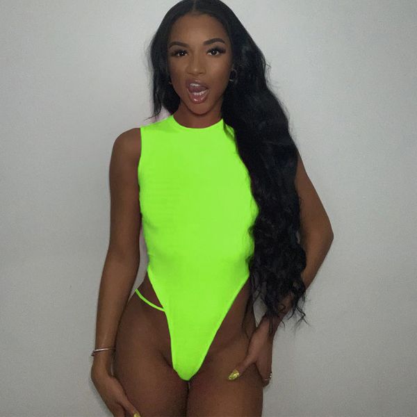 

neon green summer jumpsuit for women 2019 o neck sleeveless bodycon bodysuit femme rompers beachwear body overalls, Black;white