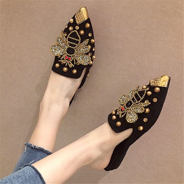

2020 summer women elegant mules flat shoes rivet crystal luxury designers korean style pointed toe slip on casual shoes slippers, Black
