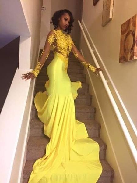 

2020 generous yellow prom dresses mermaid african evening party gowns sheer neck celebrity dresses for women lace beads black girl