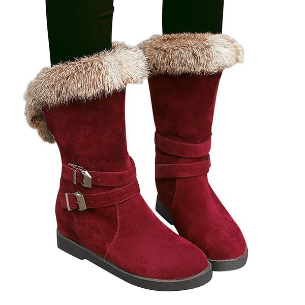 

пушистый искусственного меха подкладка flats boots женщины замши дамы большой размер пряжки ремешка mid-теленок зимняя обувь женщины ботинки, Black