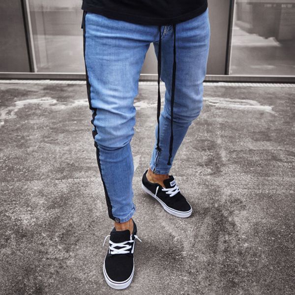 

monerffi 2019 skinny jeans men ripped hole stretch denim trousers male autumn straight streetwear pencil jeans plus size, Blue