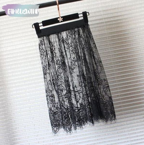 

summer women lace skirts fashion solid tulle casual mesh skirt hollow out short elegant elastic black white skirt d6