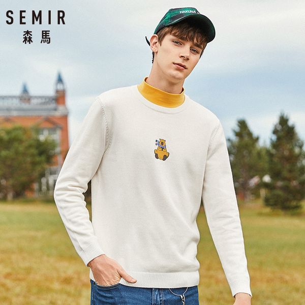

semir 2019 autumn new solid sweater men 6 color slim fit 100% cotton o-neck plus size knitted pullovers warm male sweaters, White;black