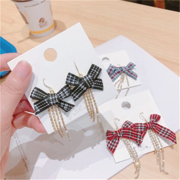 

female woman girl dangle drop earrings fall winter korean long plaid bow knot tassel 2019 fashion jewelry accessories-qqd5-w9, Silver